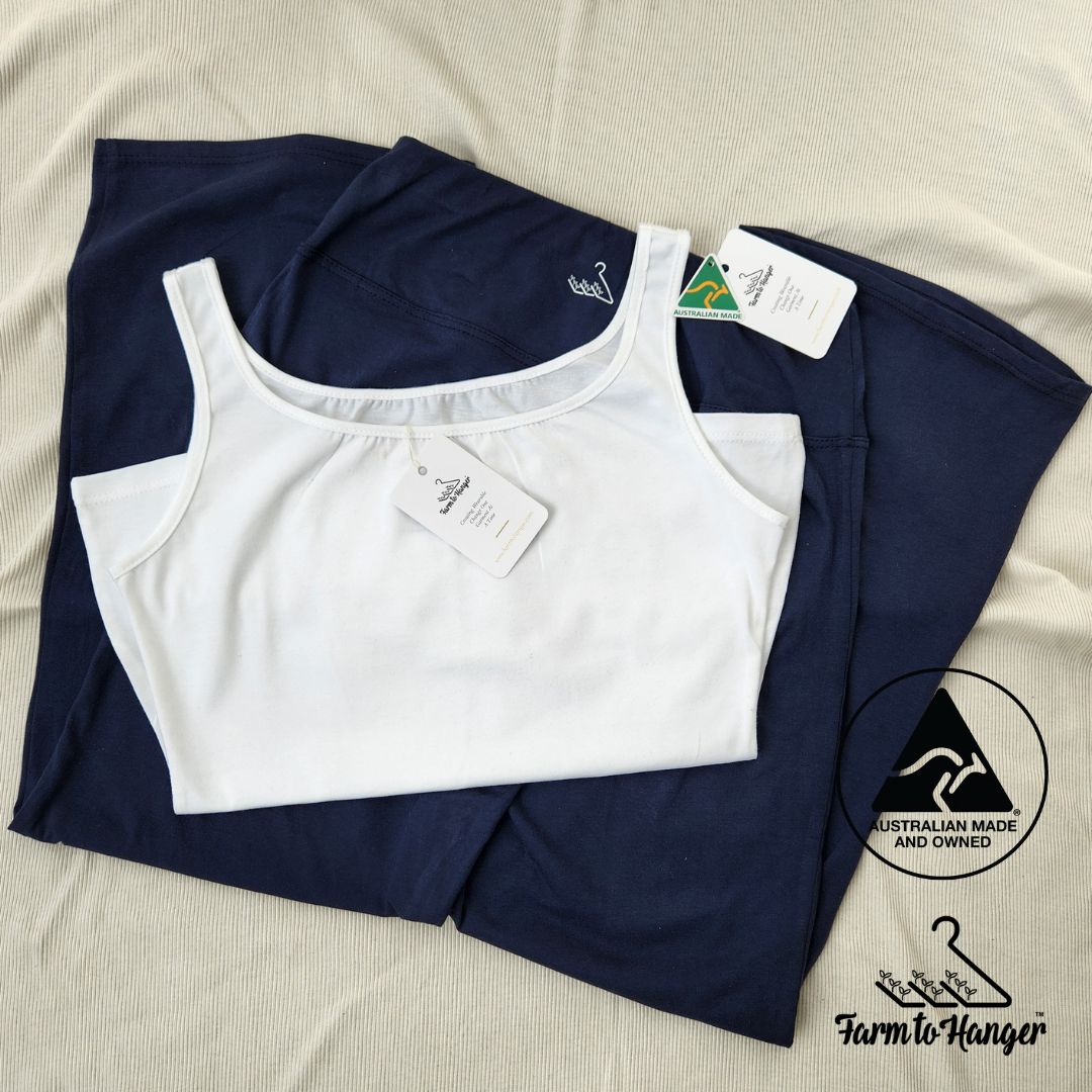 Comfy Cami Singlet - White AND Eco Active Yoga Pants - Navy Set