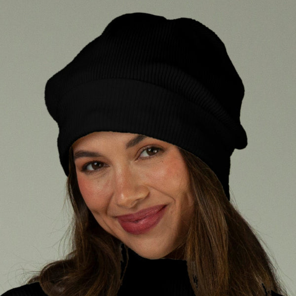 Pure Cotton Slouch Beanie - Black