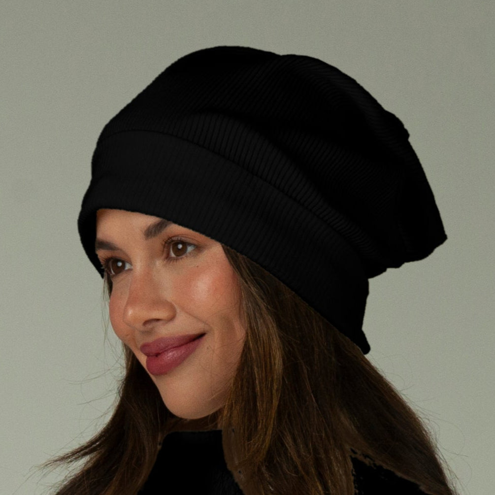 Pure Cotton Slouch Beanie - Black